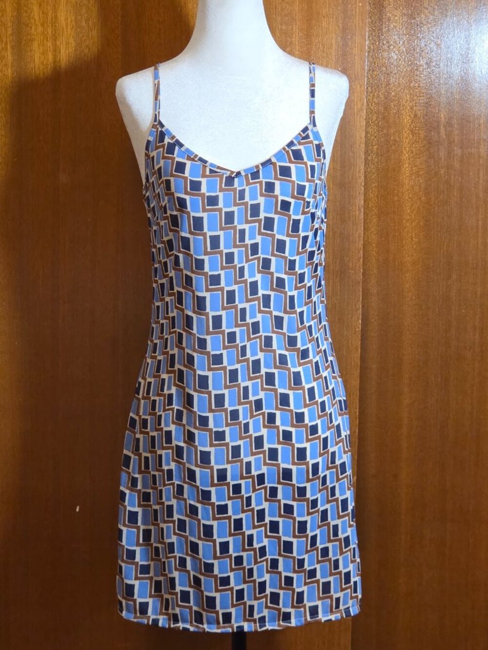 VTG Y2K Sisley Geometric Print Polyamide Slip Mini Dress Made in Italy - XS